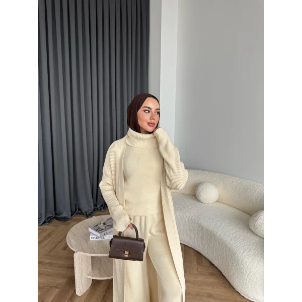 3 Lü Kimono Triko Takım - Bej