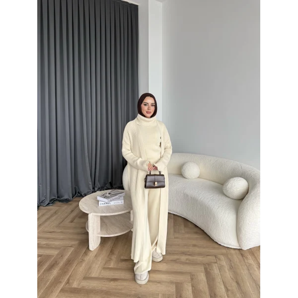 3 Lü Kimono Triko Takım - Bej