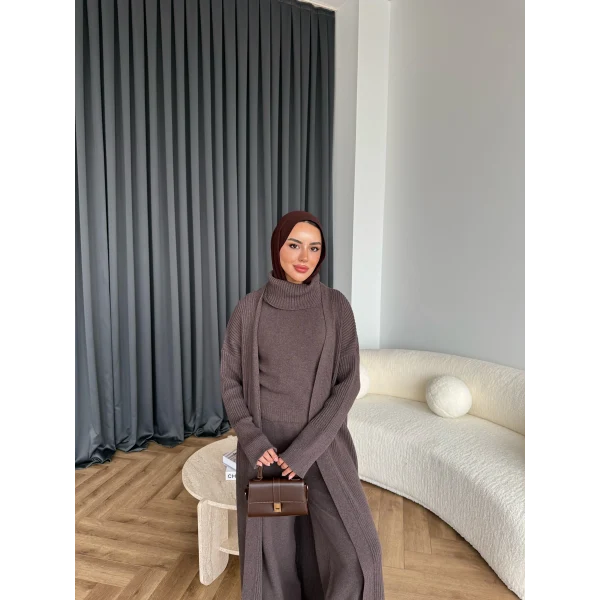 3 Lü Kimono Triko Takım - Vizon