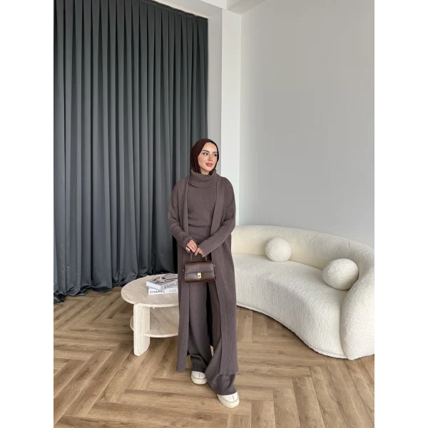 3 Lü Kimono Triko Takım - Vizon