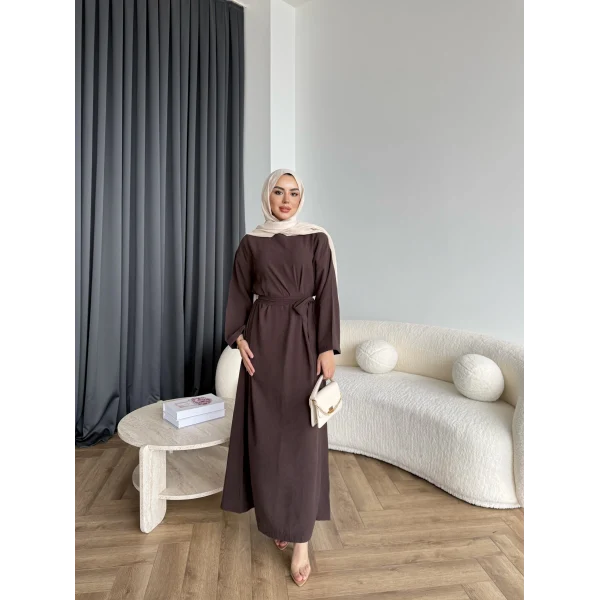 Adeny Krep Kumaş Elbise - Kahve