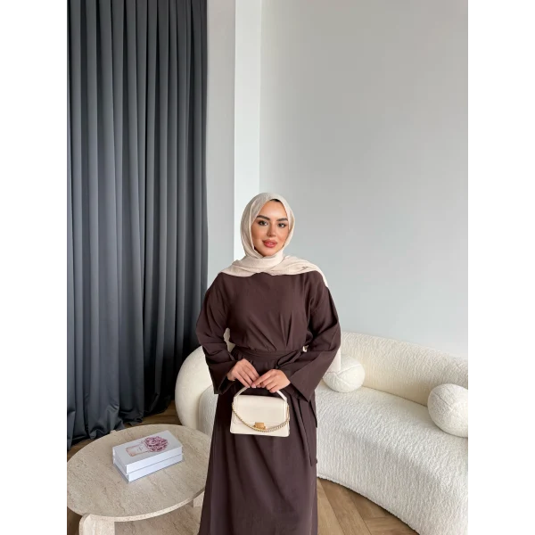 Adeny Krep Kumaş Elbise - Kahve