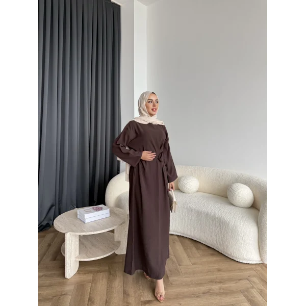 Adeny Krep Kumaş Elbise - Kahve