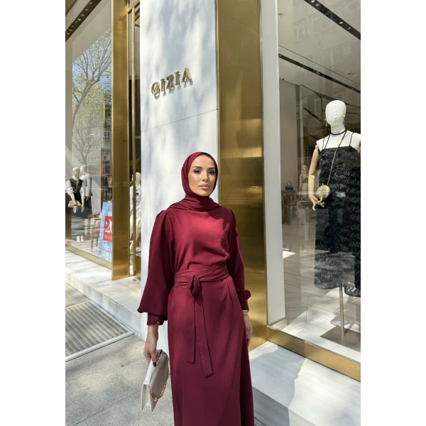 Balon Kol Krep Elbise - Bordo