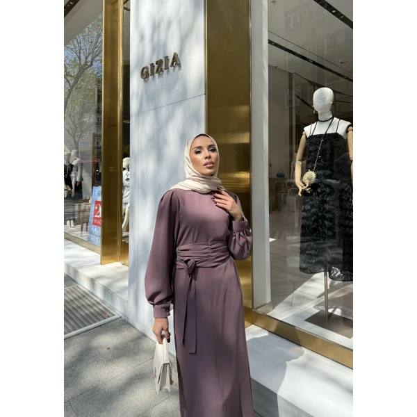 Balon Kol Krep Elbise - Gül Kurusu