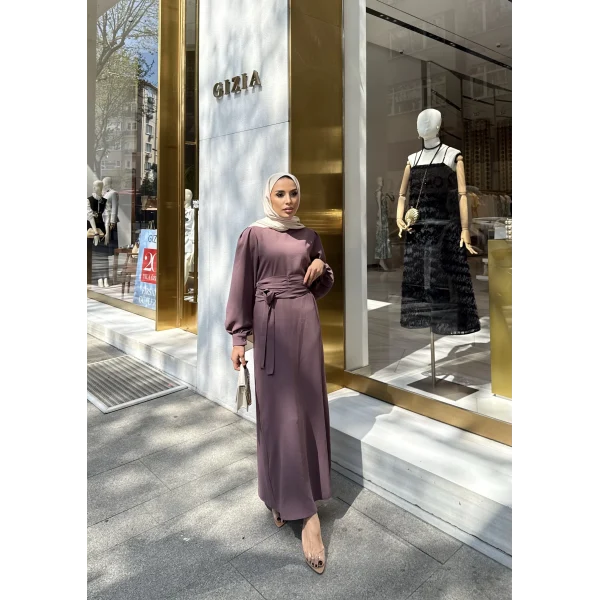 Balon Kol Krep Elbise - Gül Kurusu