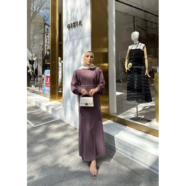 Balon Kol Krep Elbise - Gül Kurusu