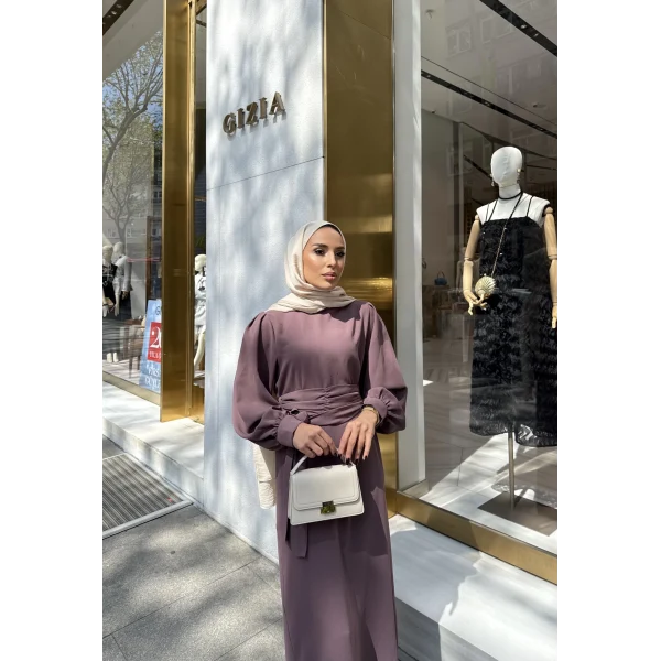 Balon Kol Krep Elbise - Gül Kurusu