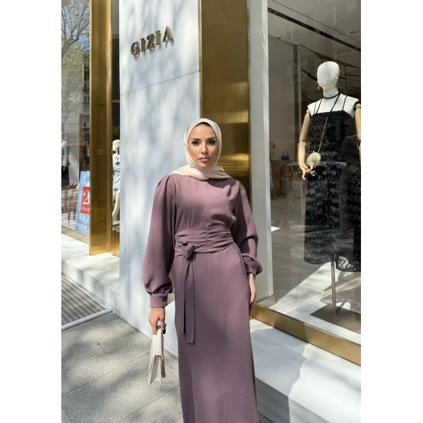 Balon Kol Krep Elbise - Gül Kurusu