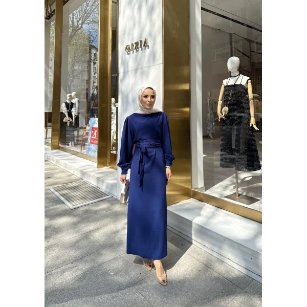 Balon Kol Krep Elbise - Lacivert