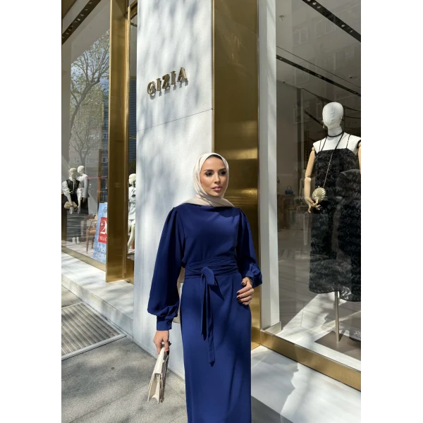 Balon Kol Krep Elbise - Lacivert