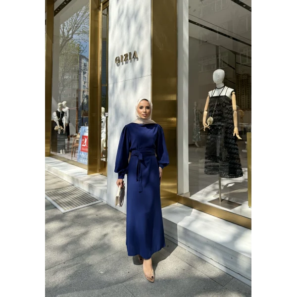 Balon Kol Krep Elbise - Lacivert