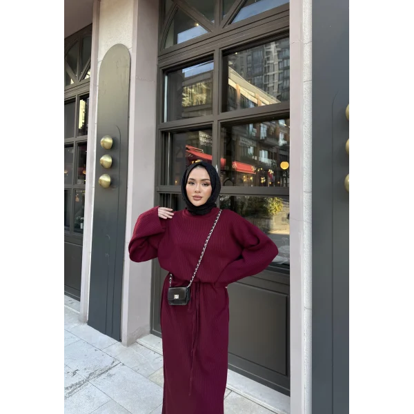 Balon Kol Triko Elbise - Bordo