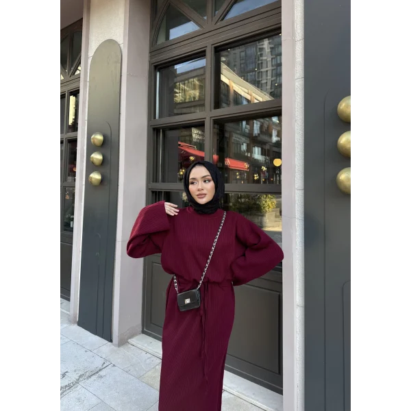 Balon Kol Triko Elbise - Bordo