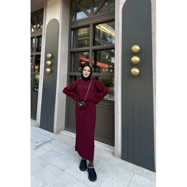 Balon Kol Triko Elbise - Bordo