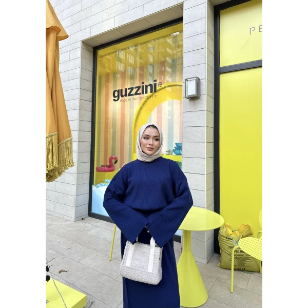 Balon Kol Triko Elbise - Lacivert