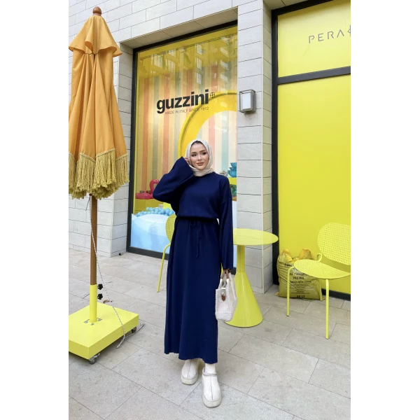 Balon Kol Triko Elbise - Lacivert