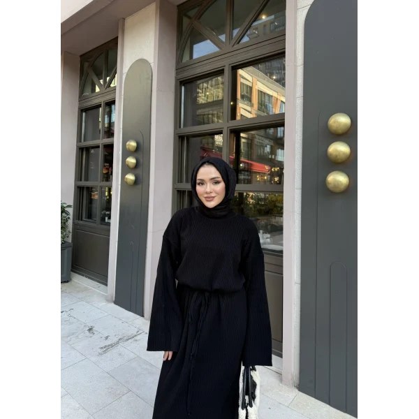 Balon Kol Triko Elbise - Siyah