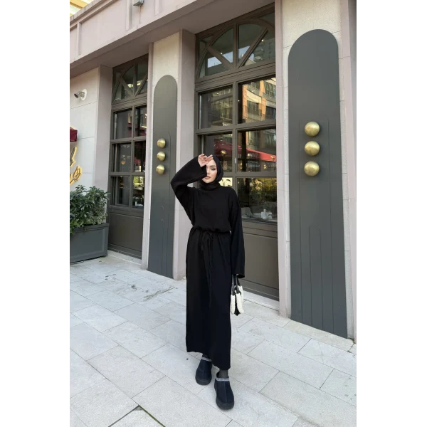 Balon Kol Triko Elbise - Siyah