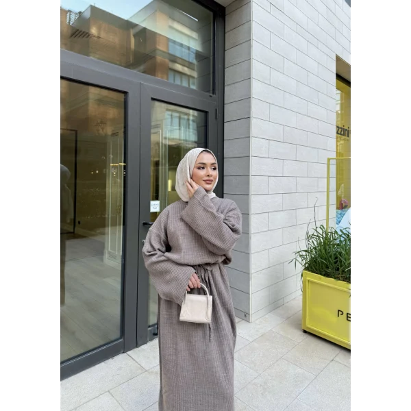 Balon Kol Triko Elbise - Sütlü Kahve