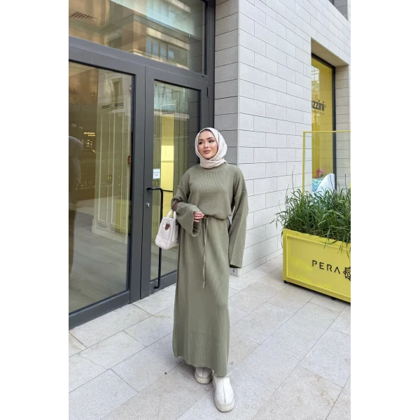 Balon Kol Triko Elbise - Yeşil