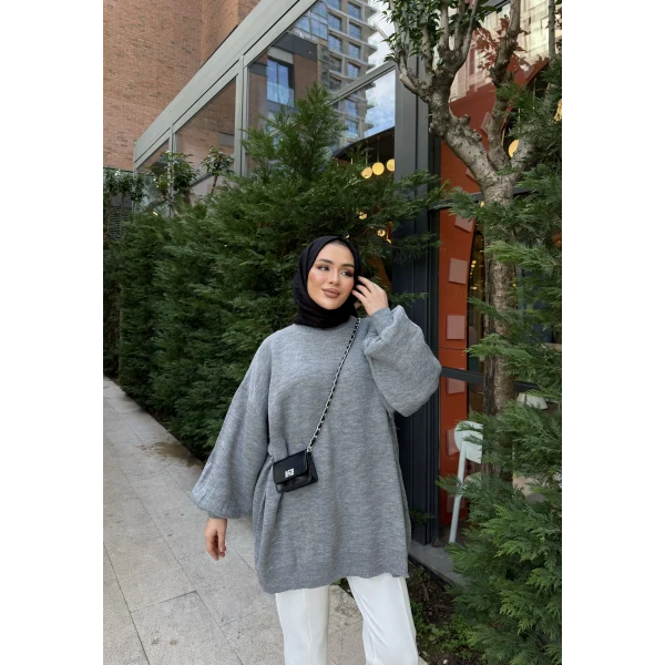 Balon Kol Triko Kazak - Gri