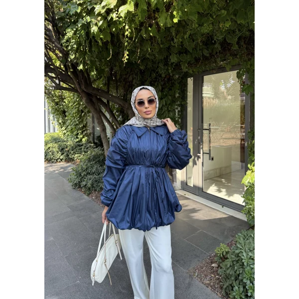 Belba Kol Büzgülü Trenç - Lacivert