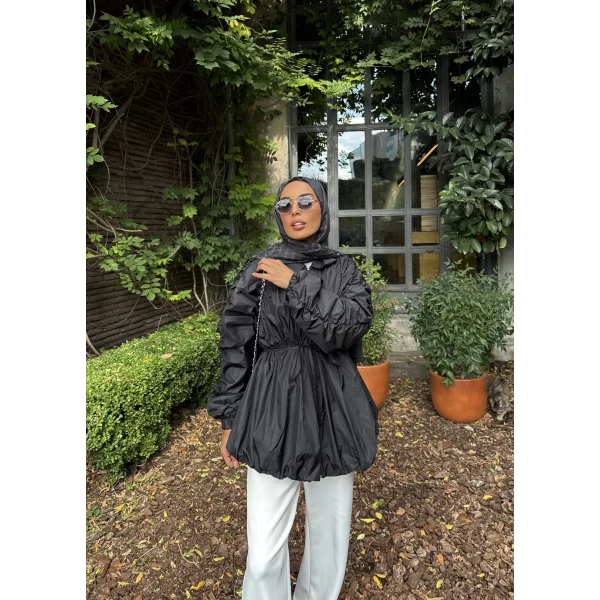 Belba Kol Büzgülü Trenç - Siyah