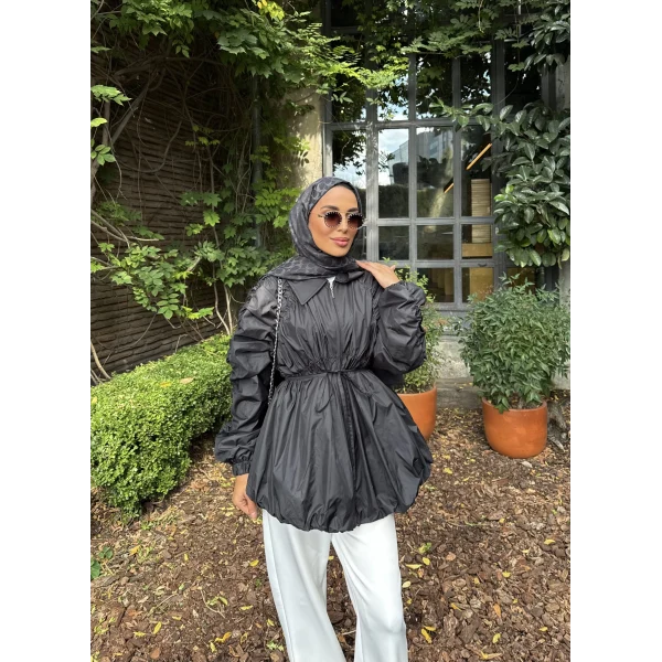 Belba Kol Büzgülü Trenç - Siyah