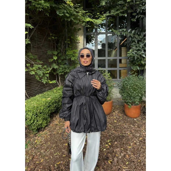 Belba Kol Büzgülü Trenç - Siyah