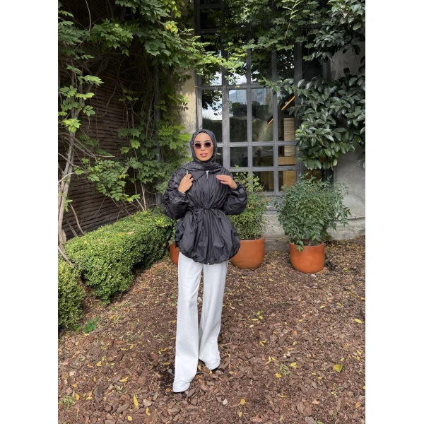 Belba Kol Büzgülü Trenç - Siyah