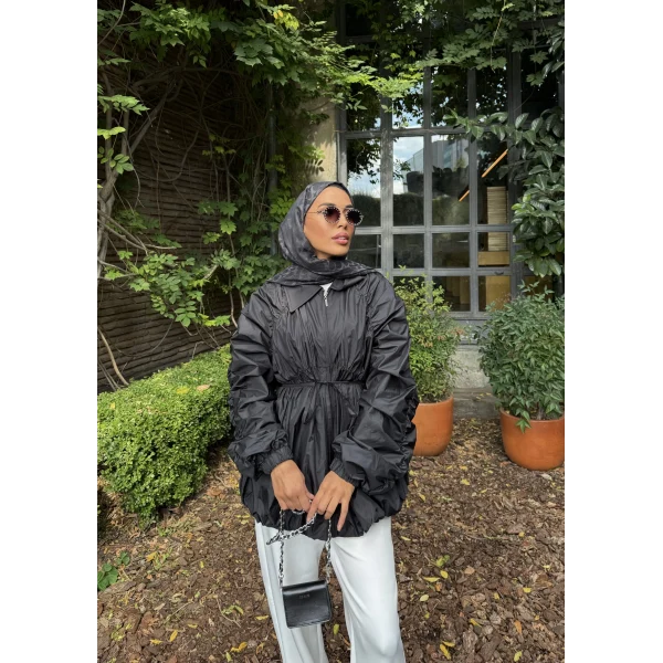 Belba Kol Büzgülü Trenç - Siyah