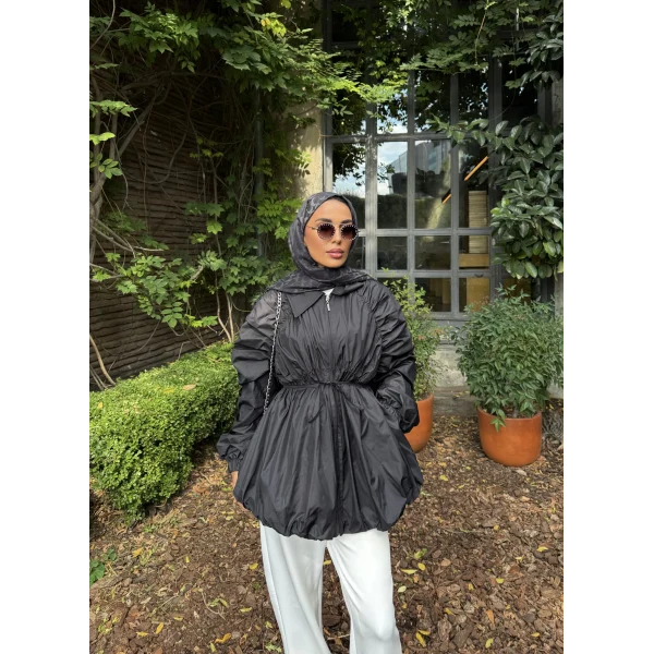 Belba Kol Büzgülü Trenç - Siyah