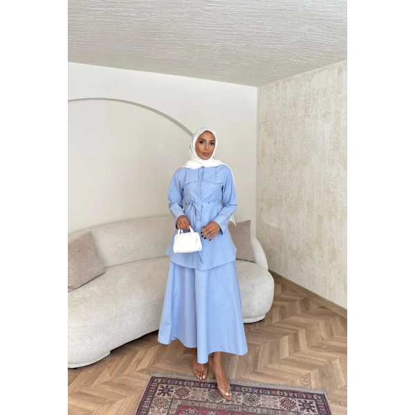 Belden Oturtmalı Etekli Takım - Mavi