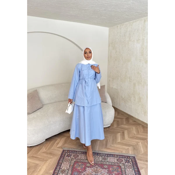 Belden Oturtmalı Etekli Takım - Mavi