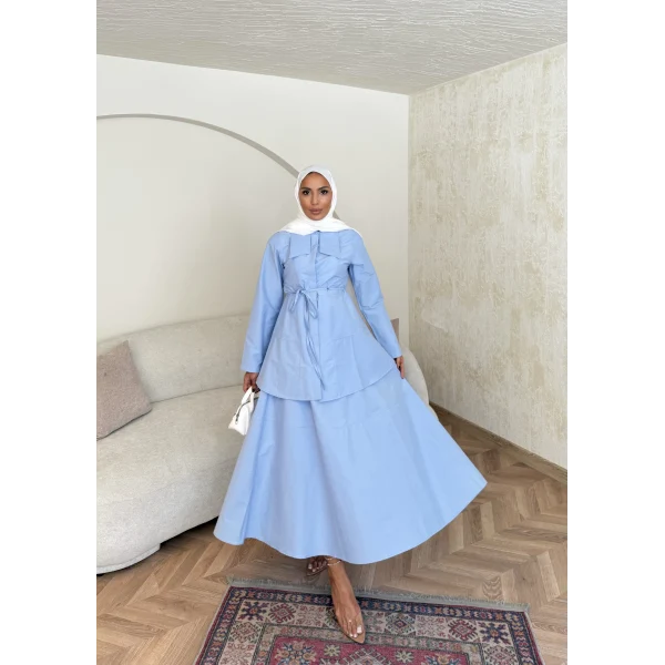 Belden Oturtmalı Etekli Takım - Mavi