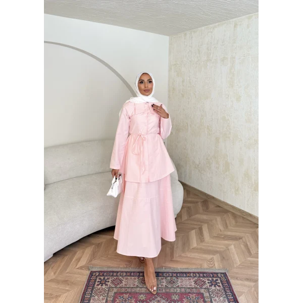 Belden Oturtmalı Etekli Takım - Pembe