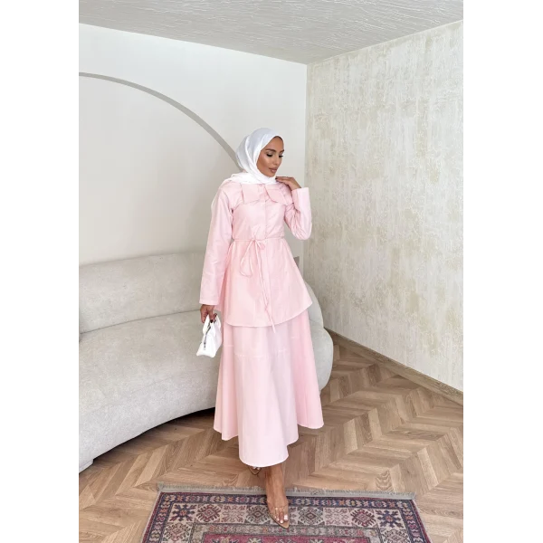 Belden Oturtmalı Etekli Takım - Pembe