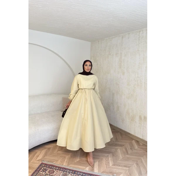 Beli Büzgülü Elbise - Sarı
