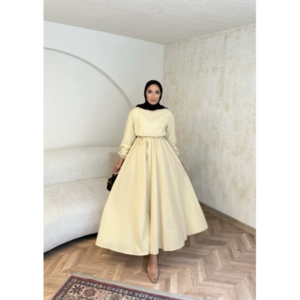 Beli Büzgülü Elbise - Sarı