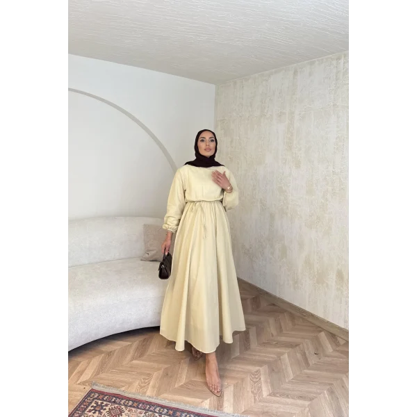 Beli Büzgülü Elbise - Sarı