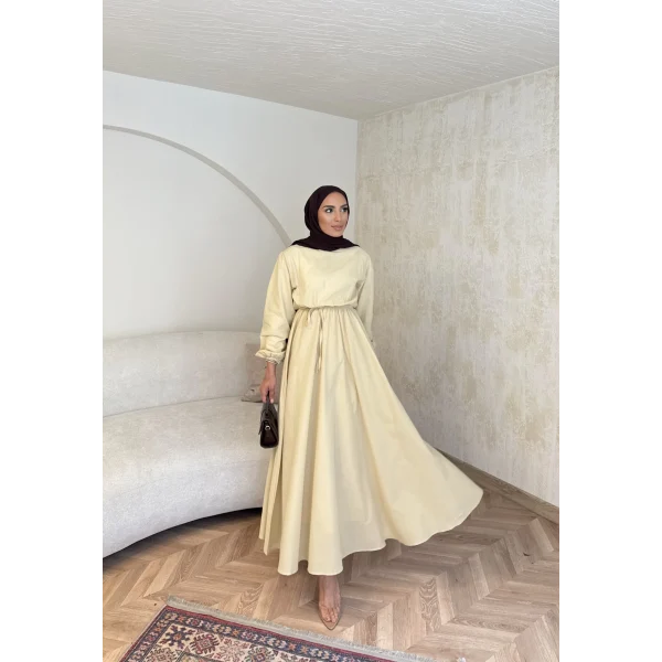 Beli Büzgülü Elbise - Sarı