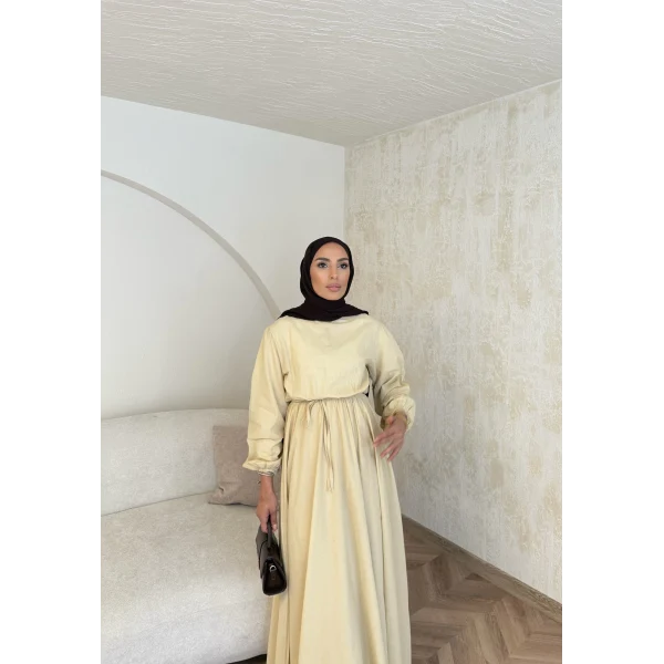 Beli Büzgülü Elbise - Sarı