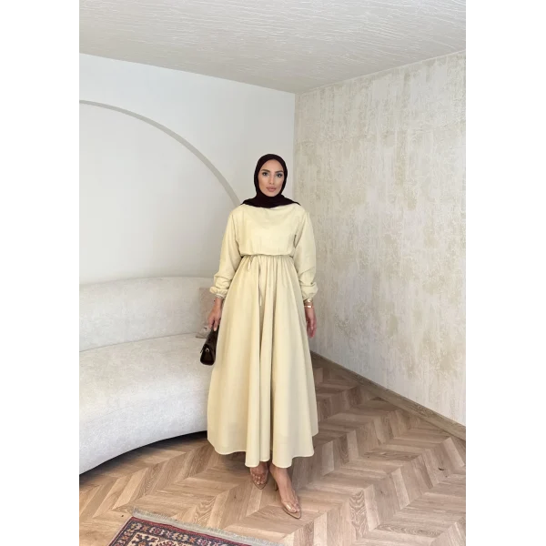Beli Büzgülü Elbise - Sarı