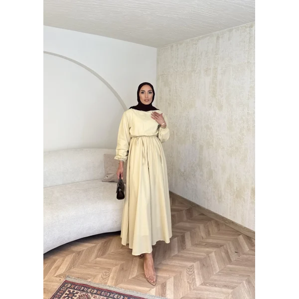 Beli Büzgülü Elbise - Sarı