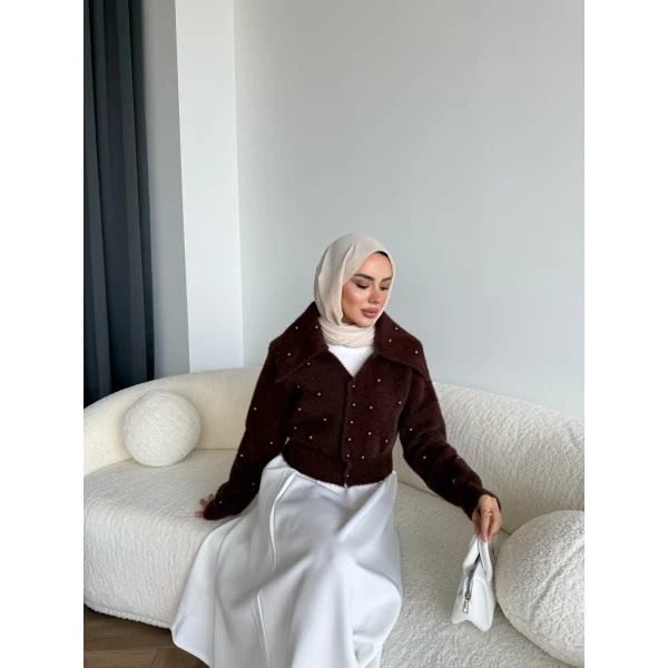 Boncuk Detaylı Mini Hırka - Acı Kahve