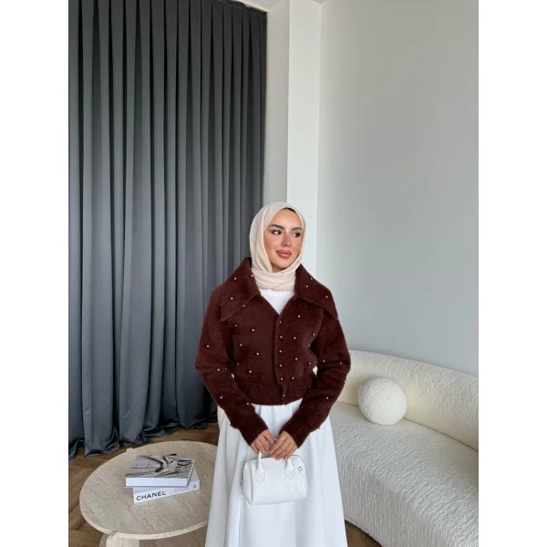 Boncuk Detaylı Mini Hırka - Acı Kahve