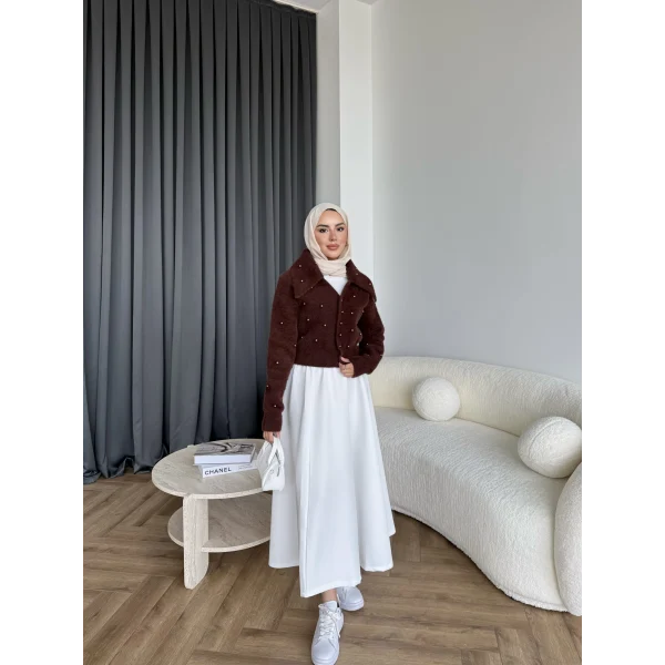 Boncuk Detaylı Mini Hırka - Acı Kahve