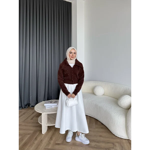 Boncuk Detaylı Mini Hırka - Acı Kahve