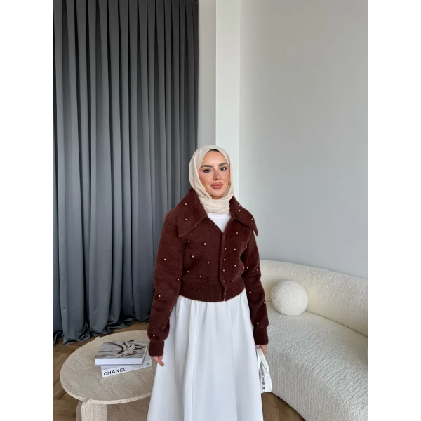 Boncuk Detaylı Mini Hırka - Acı Kahve